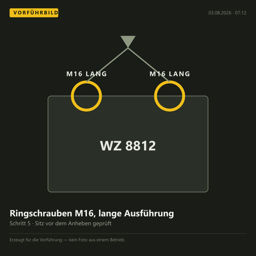 Ringschrauben M16 in langer Ausführung, im Werkzeug gesetzt und auf Sitz geprüft.